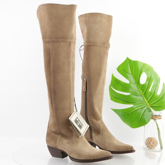 Frye Womens Sacha OTK Riding Boot Size 6.5 Tan Suede Western Block Heel Pointed - Picture 1 of 16
